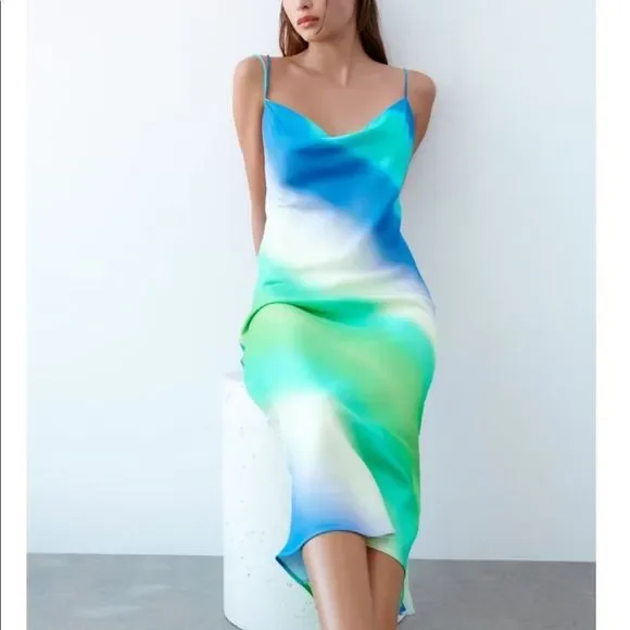 knee length dresses for ladies Tie-Dye Midi Satin Dress – www.gaelshop.com
